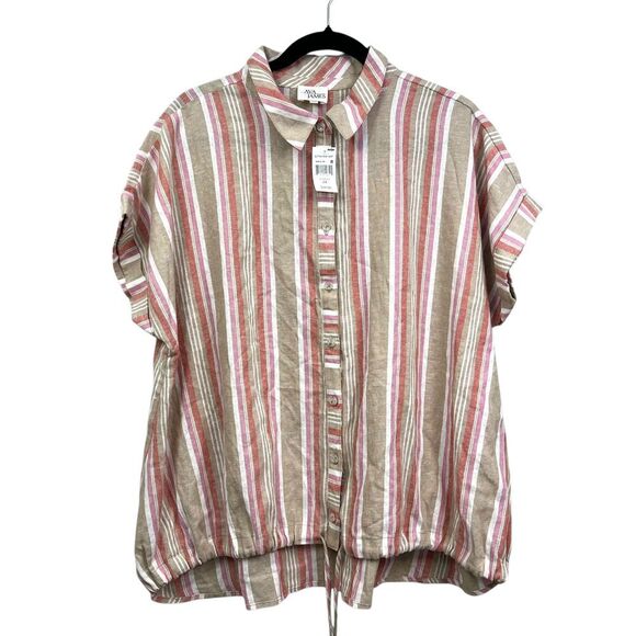 Ava James Womens Linen Blend Shirt Top Striped Button Short Sleeve Beige Sz 2X - Picture 1 of 6